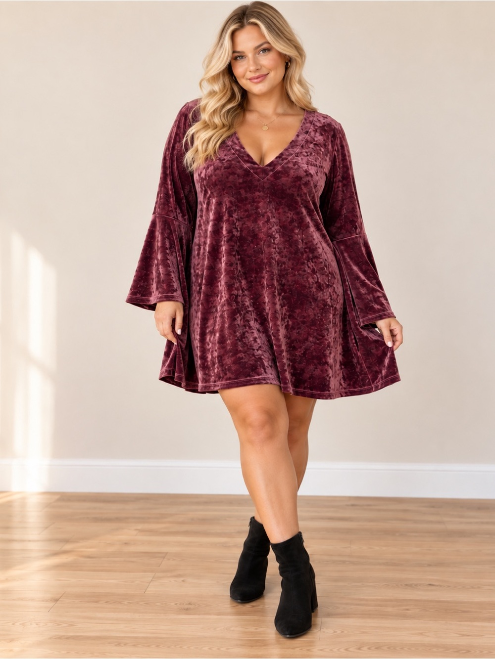 a.n.a A New Approach XL Burgundy Crushed Velvet Bell Sleeve Dress
